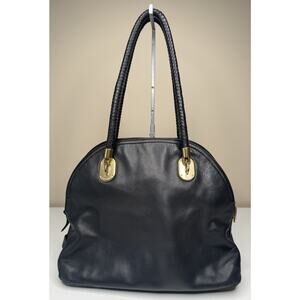 Cole Haan Benson Dome Satchel Large Black Leather Zip Magnet Braided Handle Bag